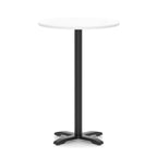 Round high table with a white top and black base on a white background