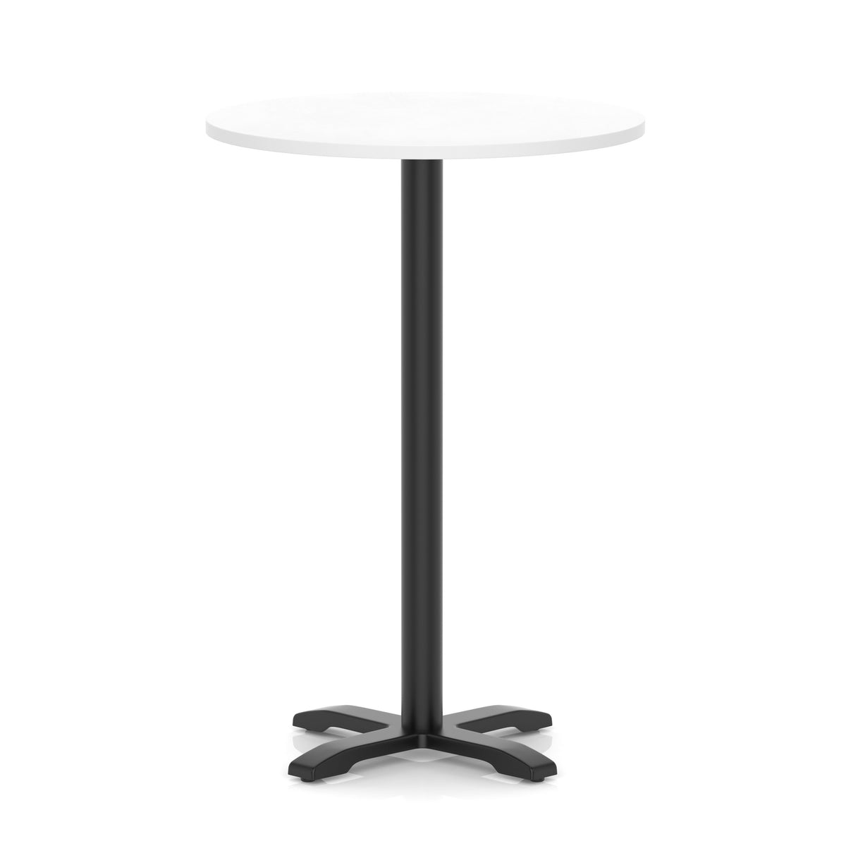 Round high table with a white top and black base on a white background