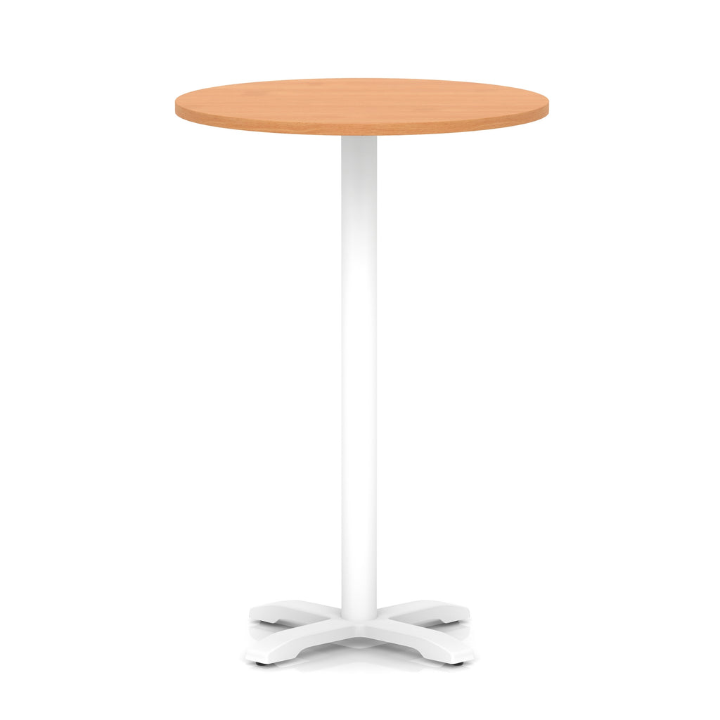 Round high table with grey wood-effect top and white base on a white background