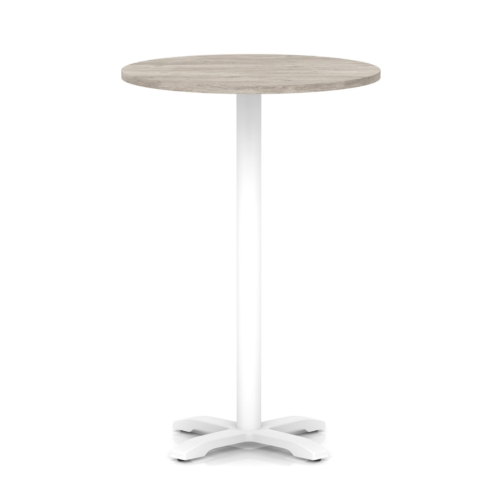 Round high table with grey wood-effect top and white base on a white background