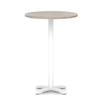 Round high table with grey wood-effect top and white base on a white background