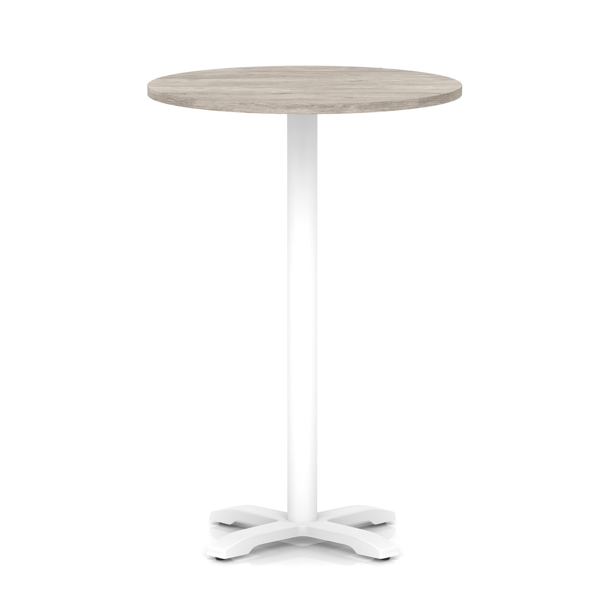 Round high table with grey wood-effect top and white base on a white background