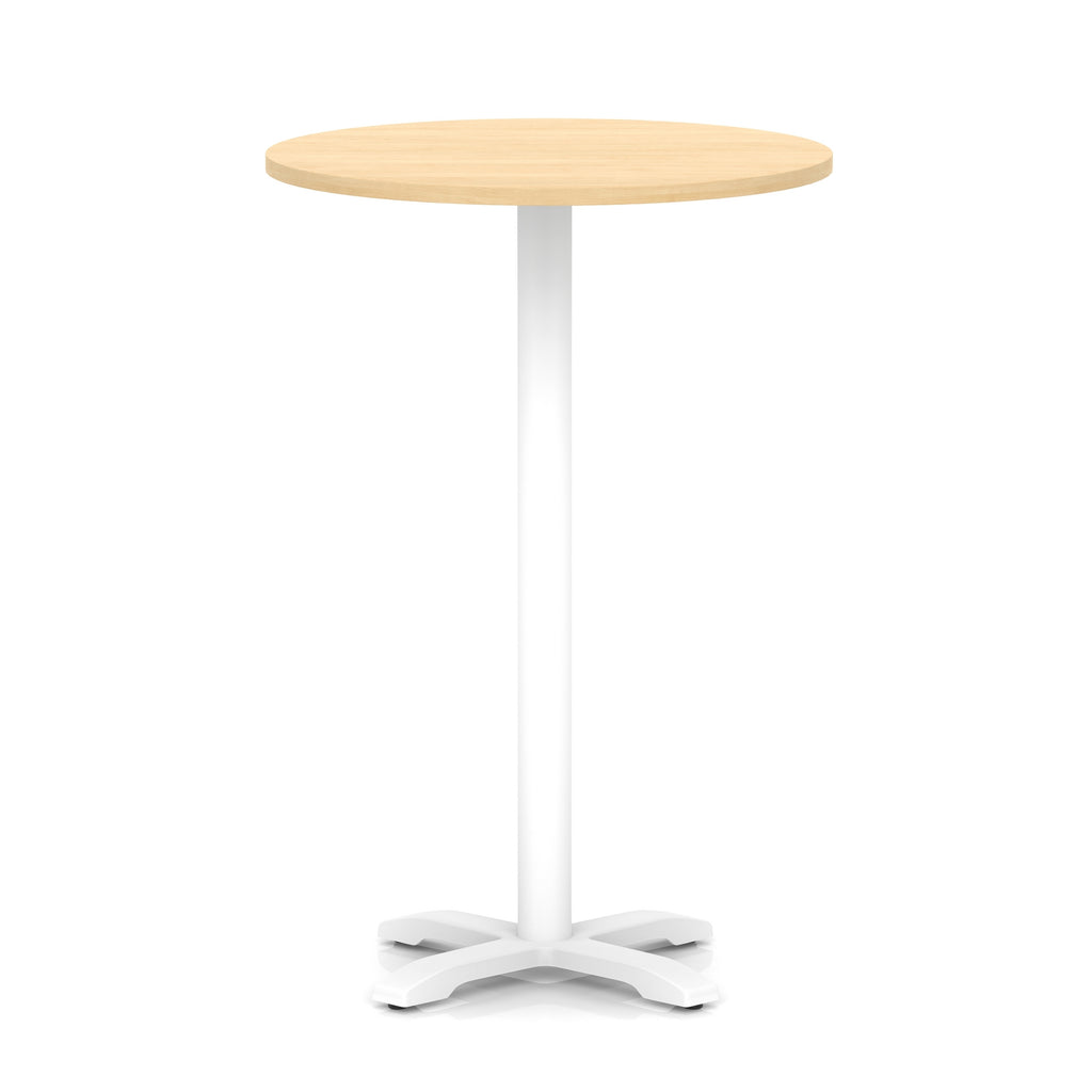 Round high table with wood-effect top and white base on a white background