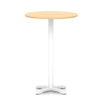 Round high table with wood-effect top and white base on a white background