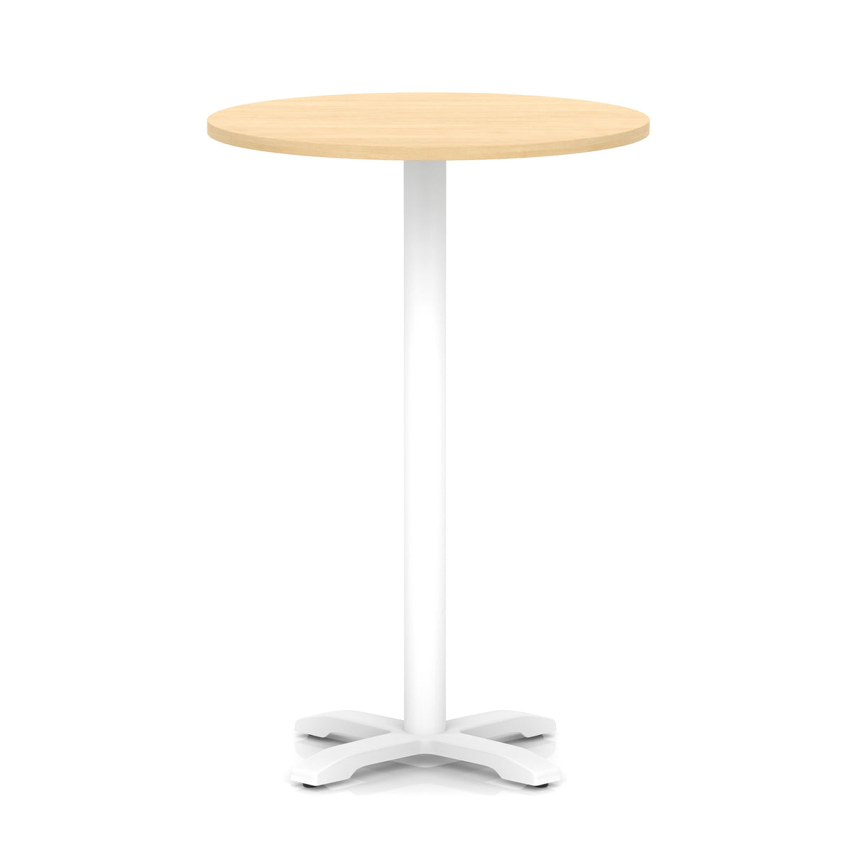 Round high table with wood-effect top and white base on a white background