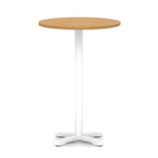 Round high table with wood-effect top and white base on a white background