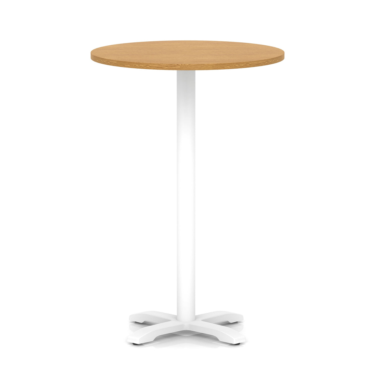 Round high table with wood-effect top and white base on a white background