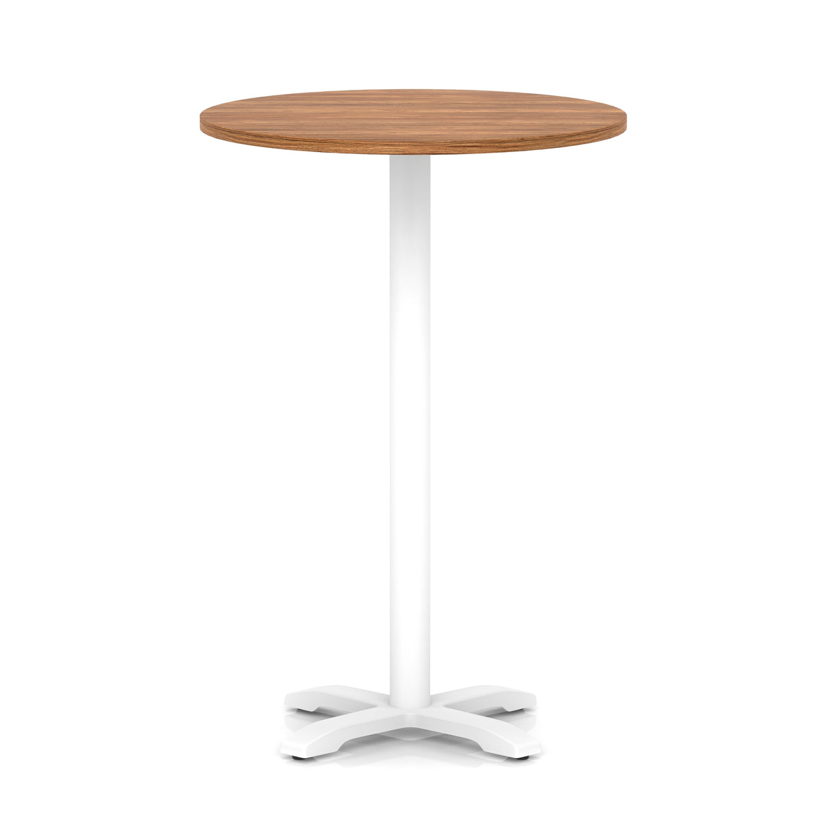 Round high table with wood-effect top and white base on a white background