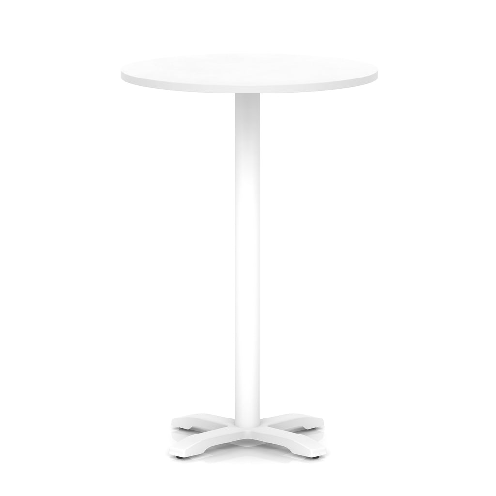 White round high table with metal base on a white background