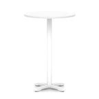 White round high table with metal base on a white background