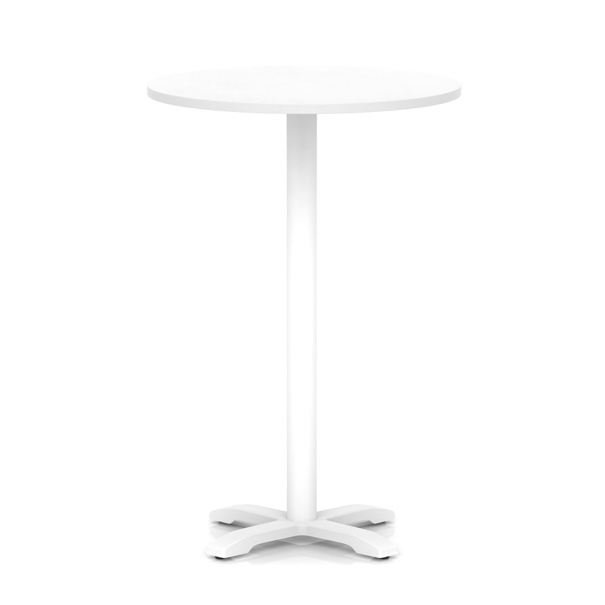 White round high table with metal base on a white background