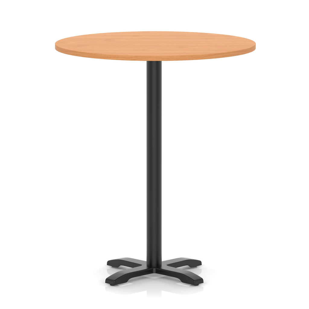 Round high table with a grey wood-effect top and black base on a white background