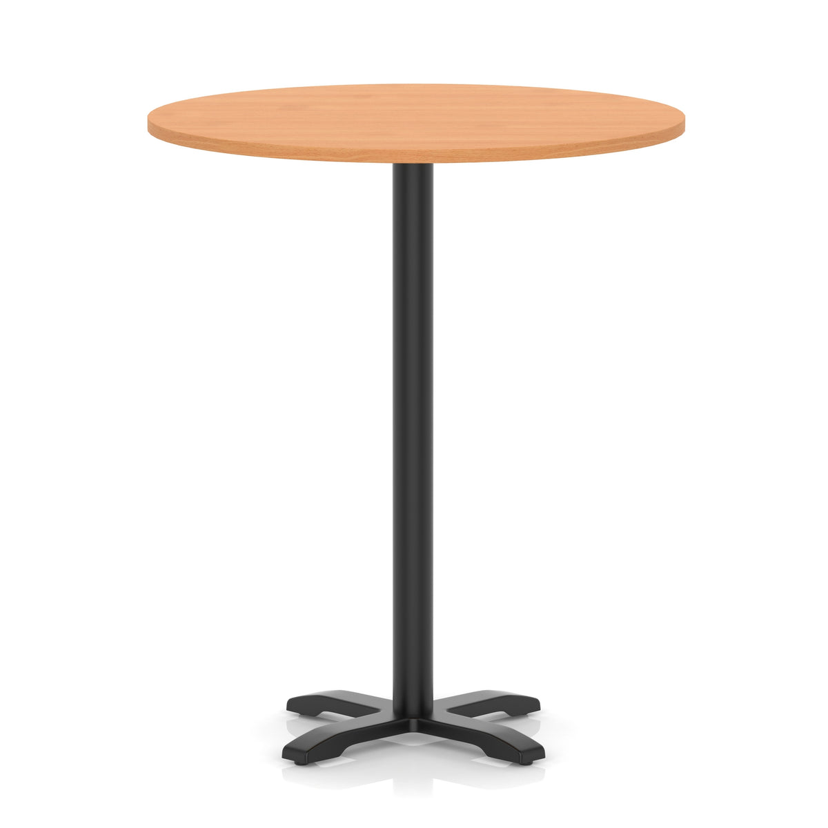 Round high table with a grey wood-effect top and black base on a white background