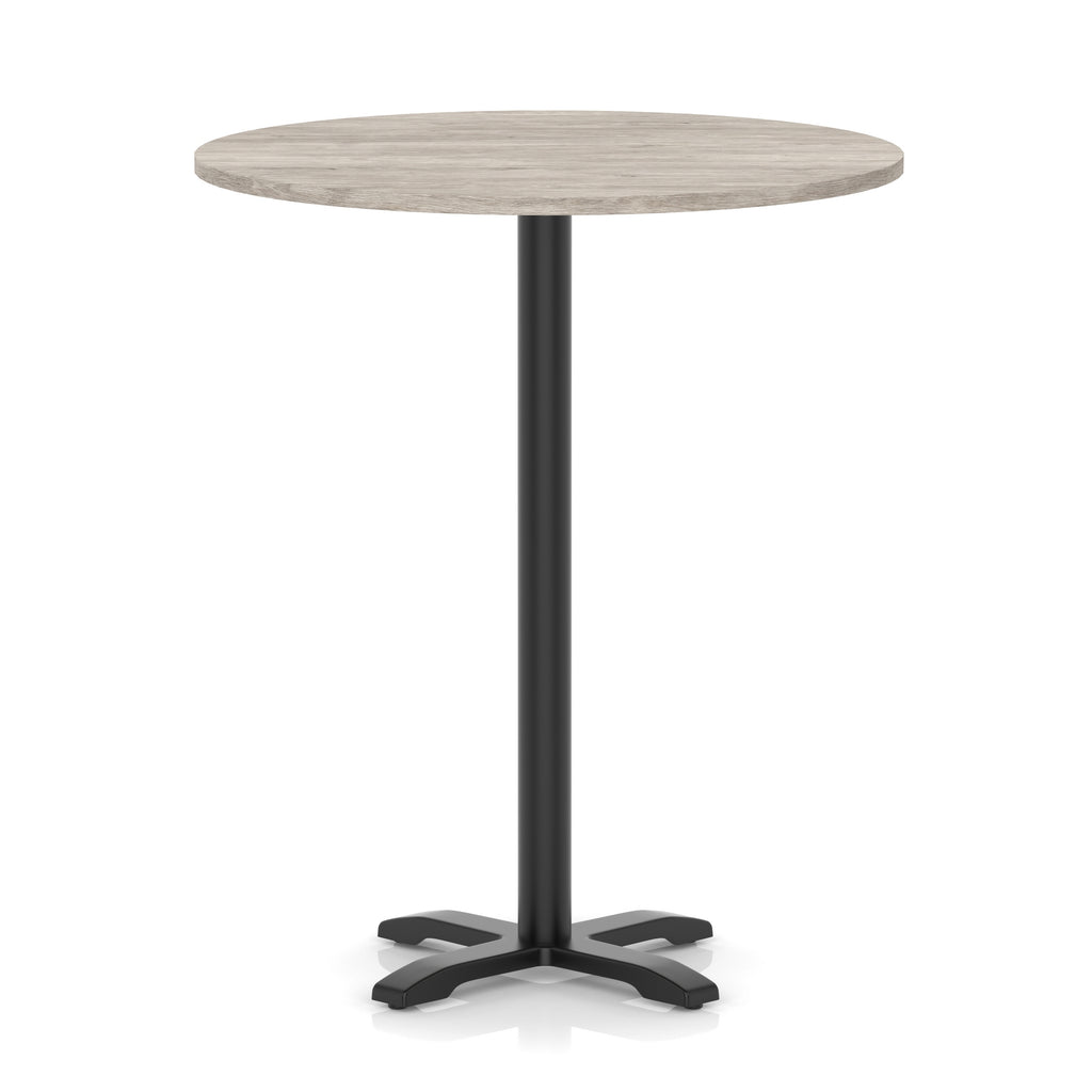Round high table with a grey wood-effect top and black base on a white background