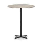 Round high table with a grey wood-effect top and black base on a white background