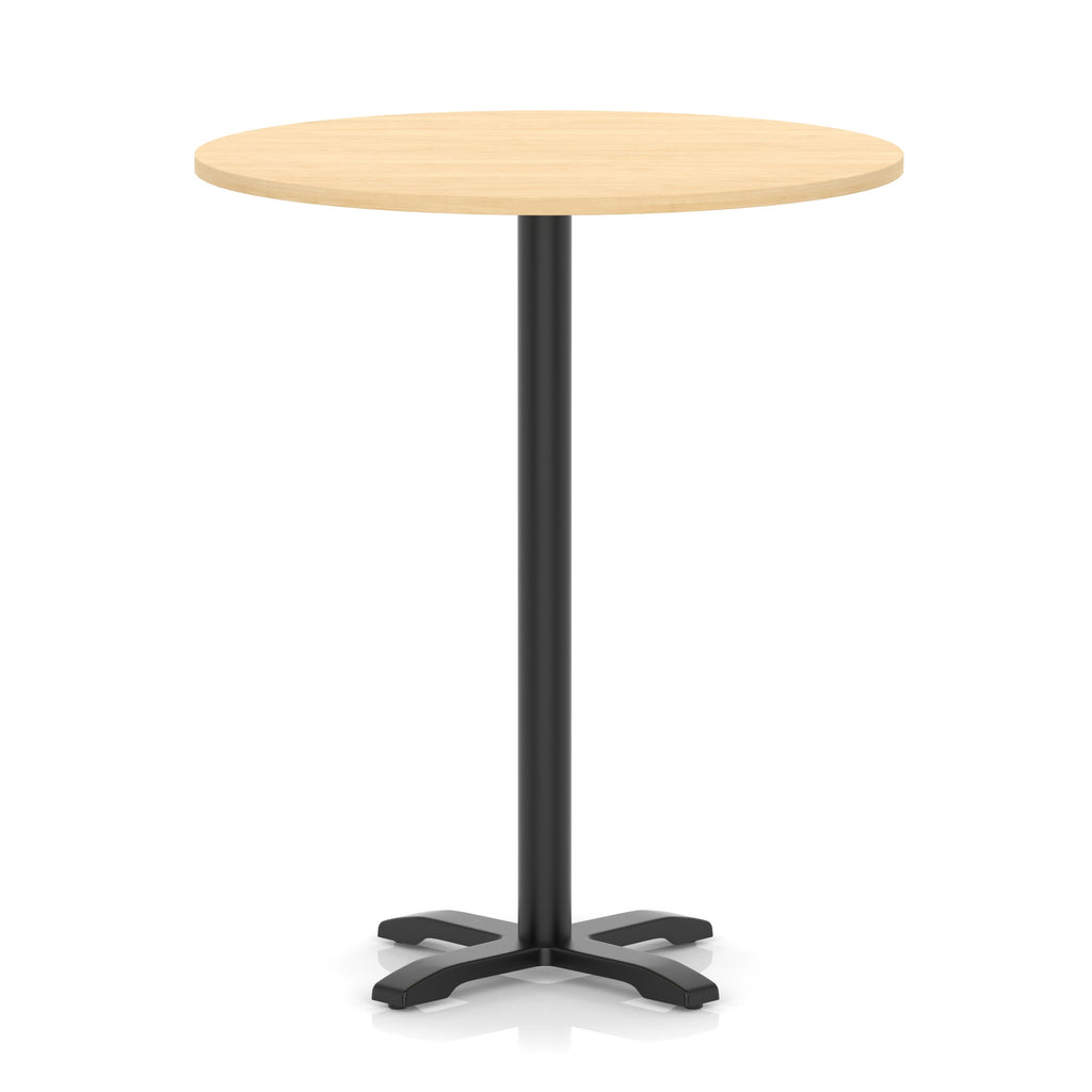 Round high table with a wood-effect top and black base on a white background