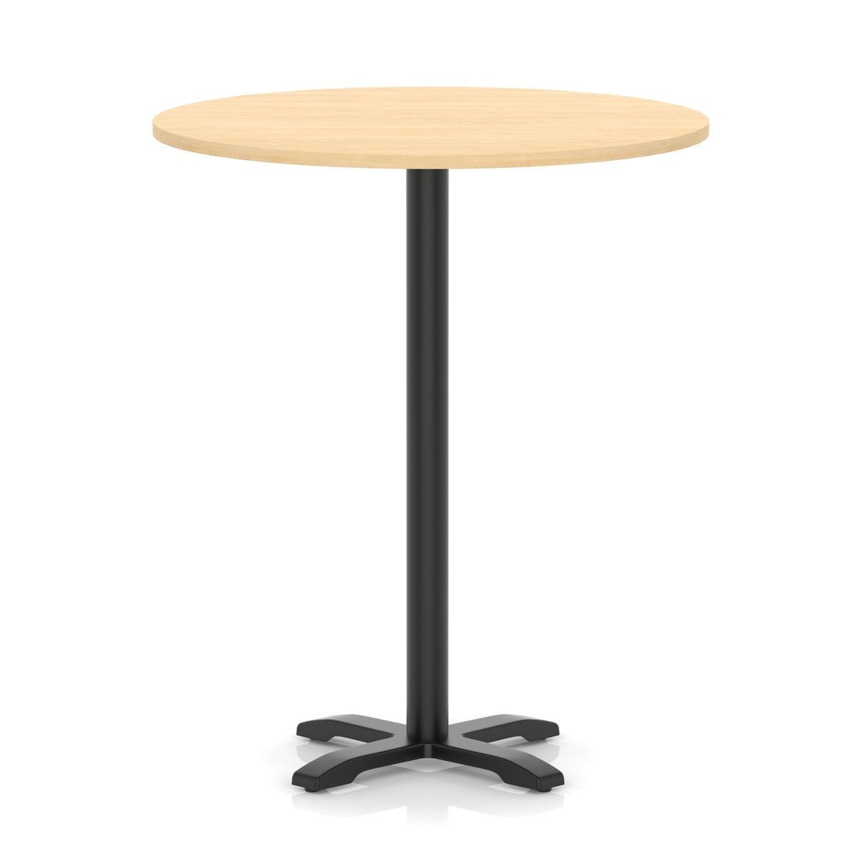 Round high table with a wood-effect top and black base on a white background