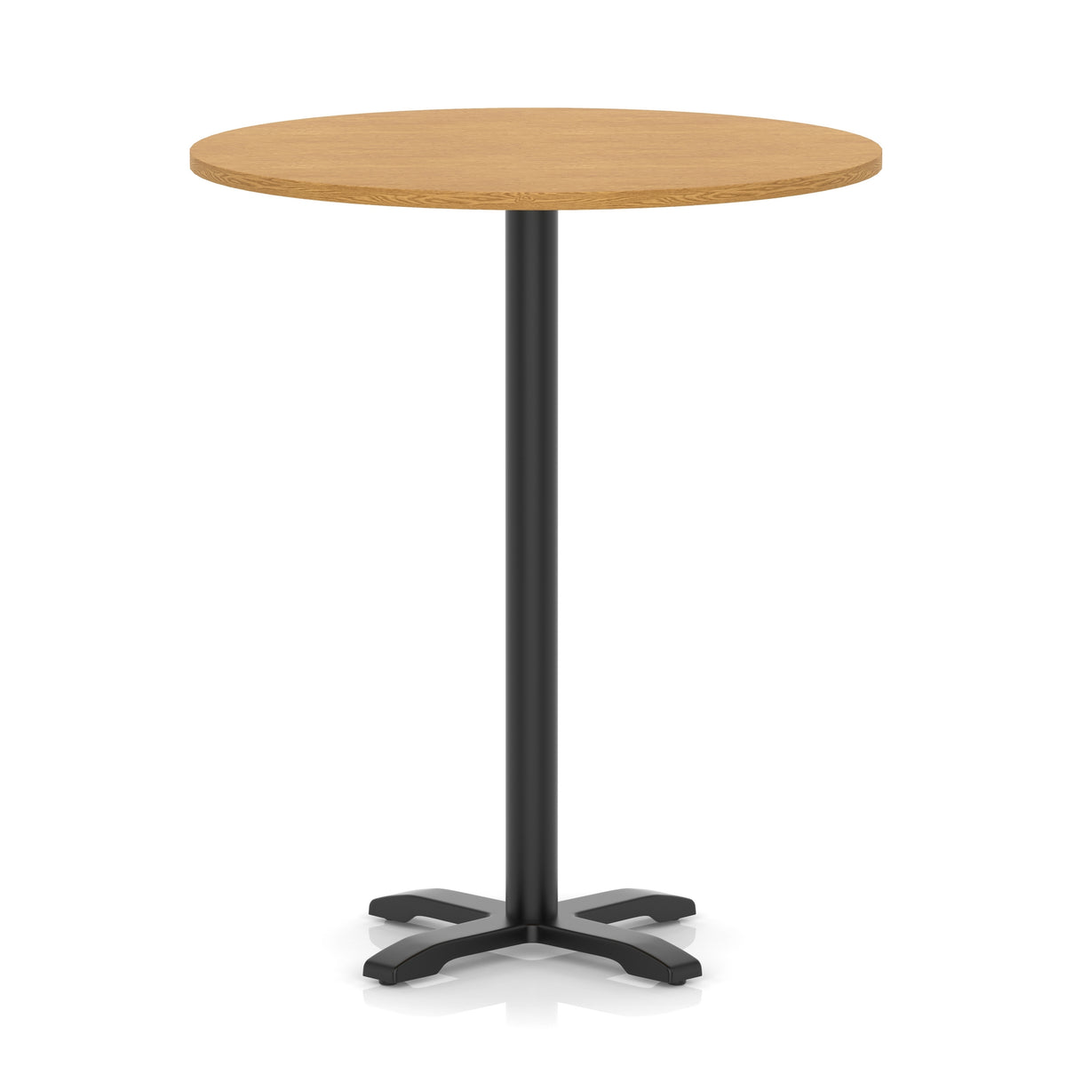 Round high table with a wood-effect top and black base on a white background