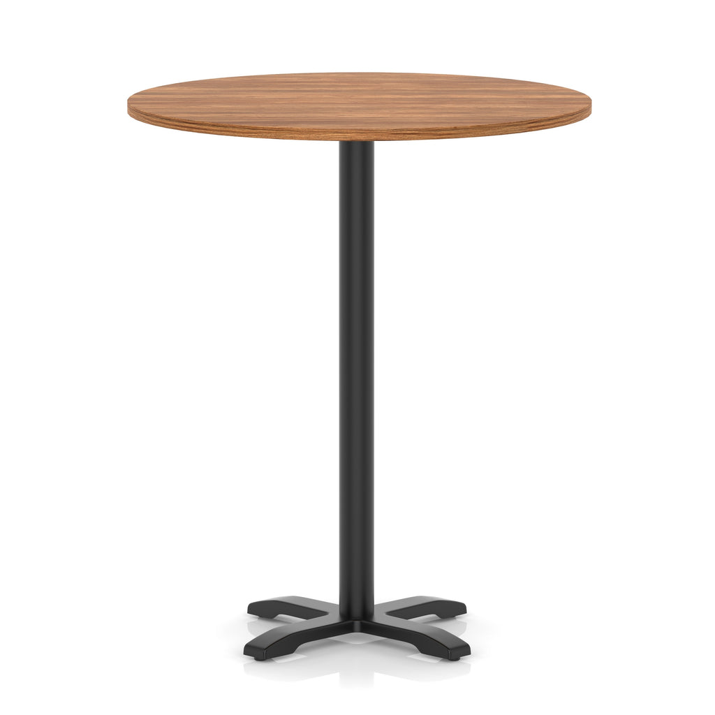 Round high table with a wood-effect top and black base on a white background