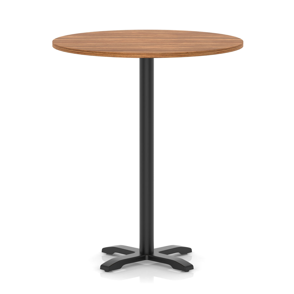 Round high table with a wood-effect top and black base on a white background