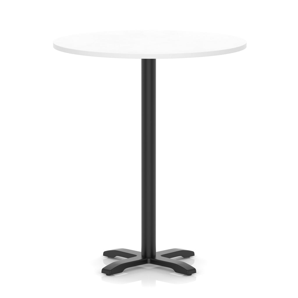 Round high table with a white top and black base on a white background