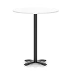 Round high table with a white top and black base on a white background