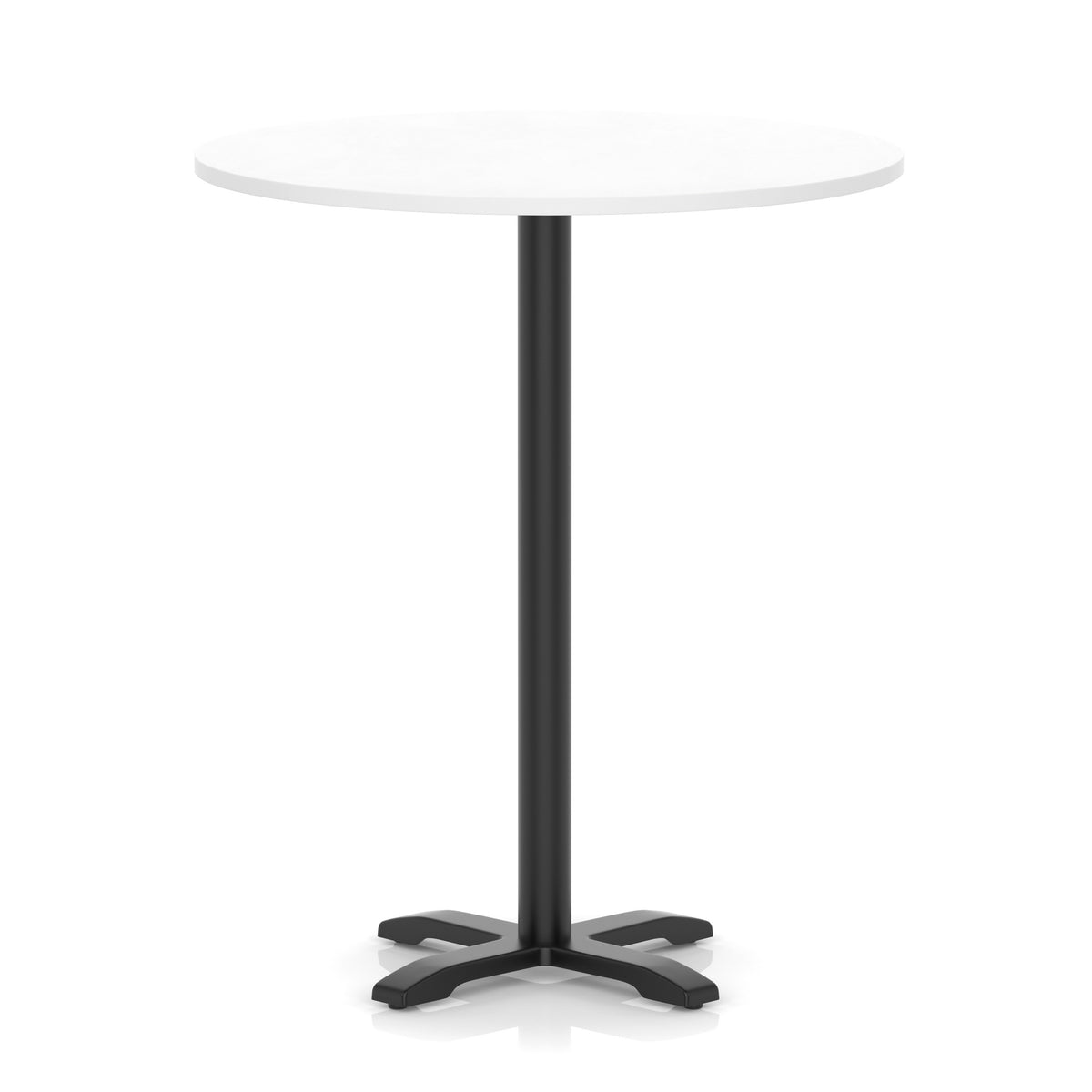Round high table with a white top and black base on a white background