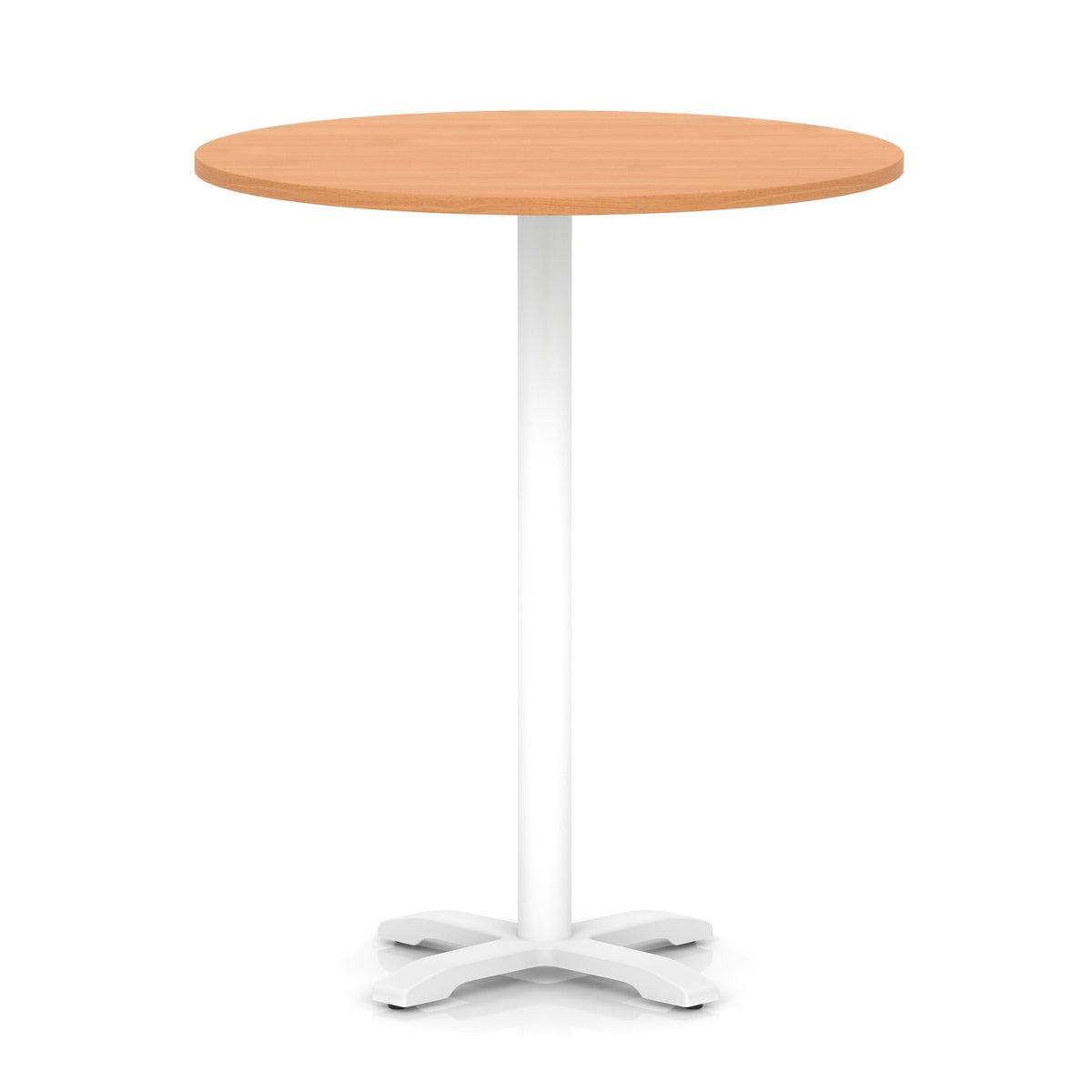 Round high table with grey wood-effect top and white base on a white background