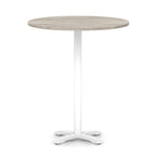 Round high table with grey wood-effect top and white base on a white background