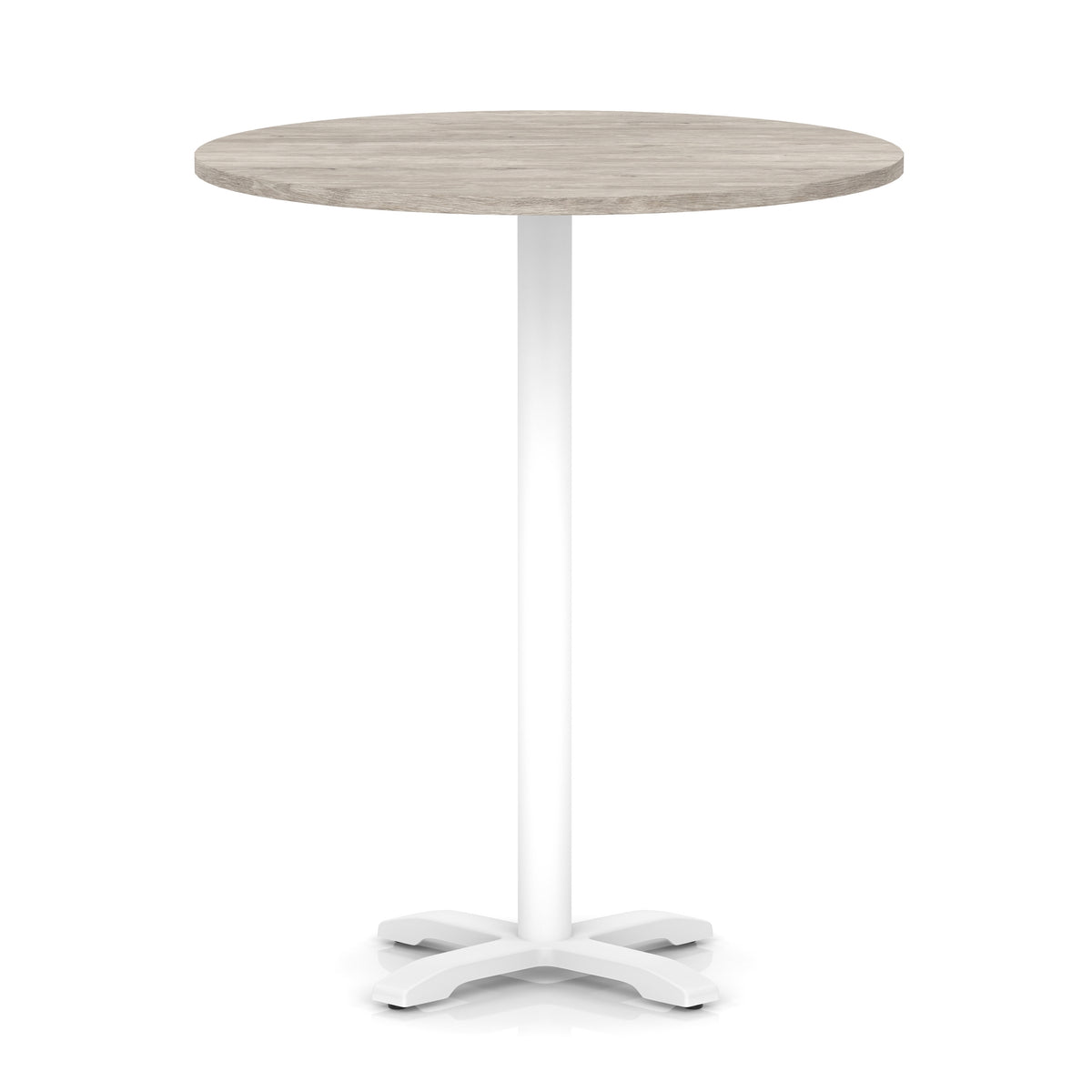 Round high table with grey wood-effect top and white base on a white background