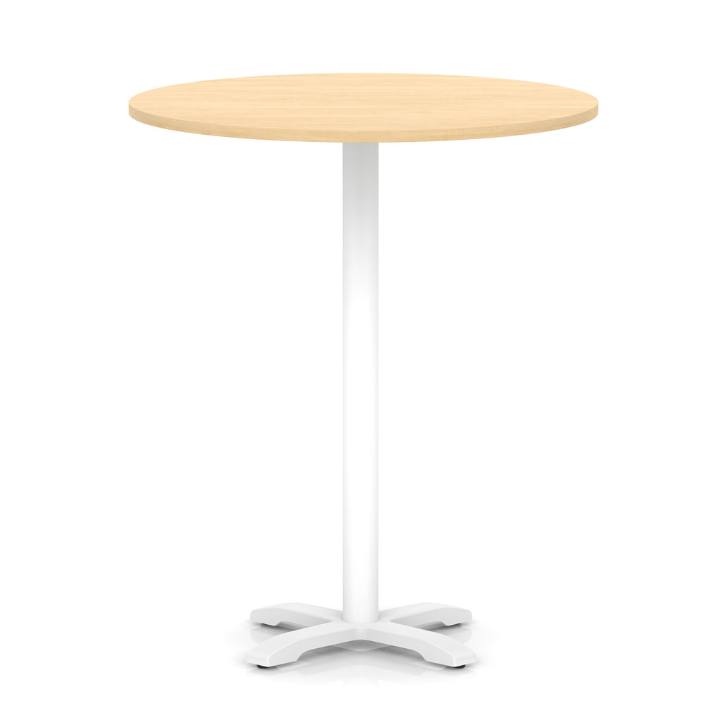 Round high table with wood-effect top and white base on a white background