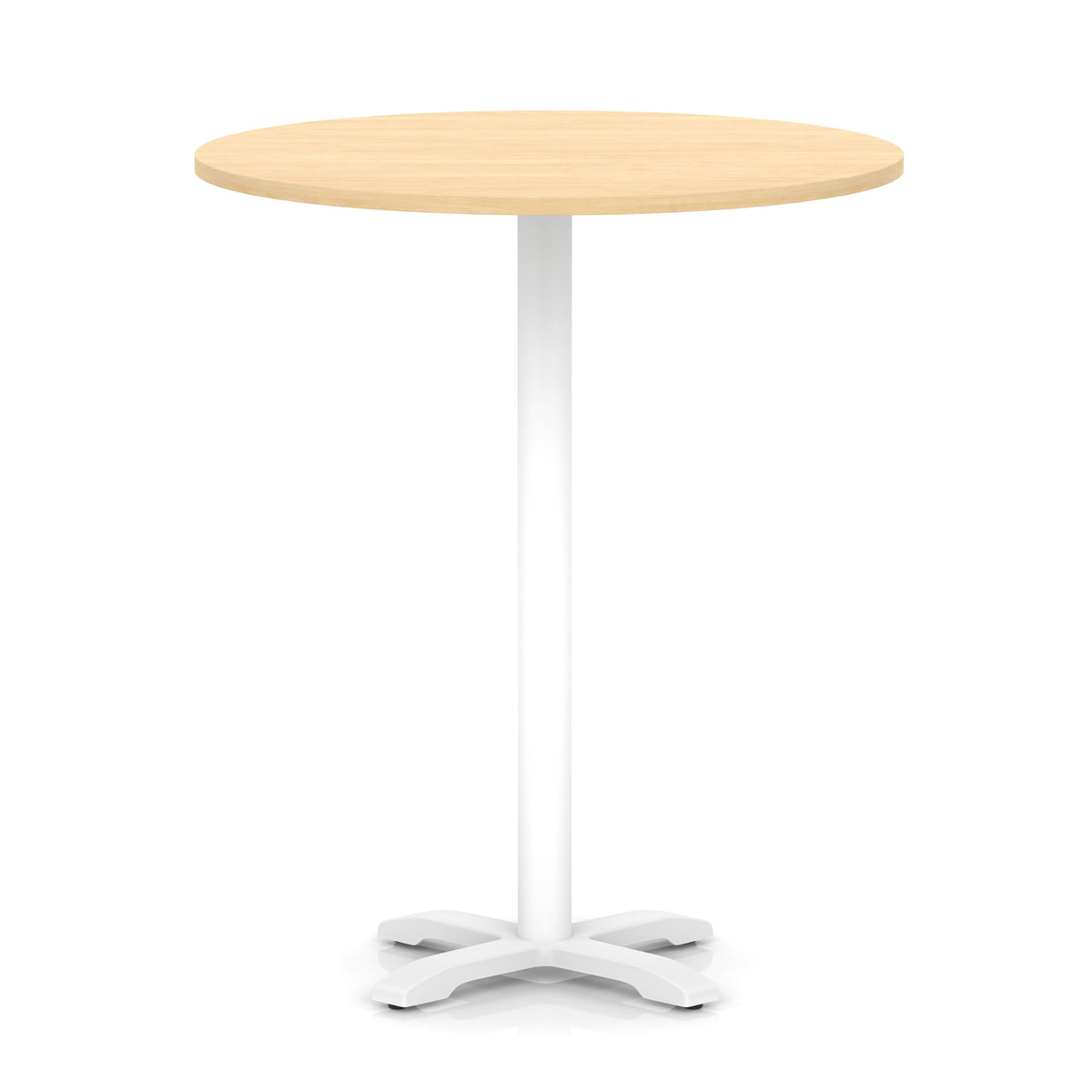 Round high table with wood-effect top and white base on a white background