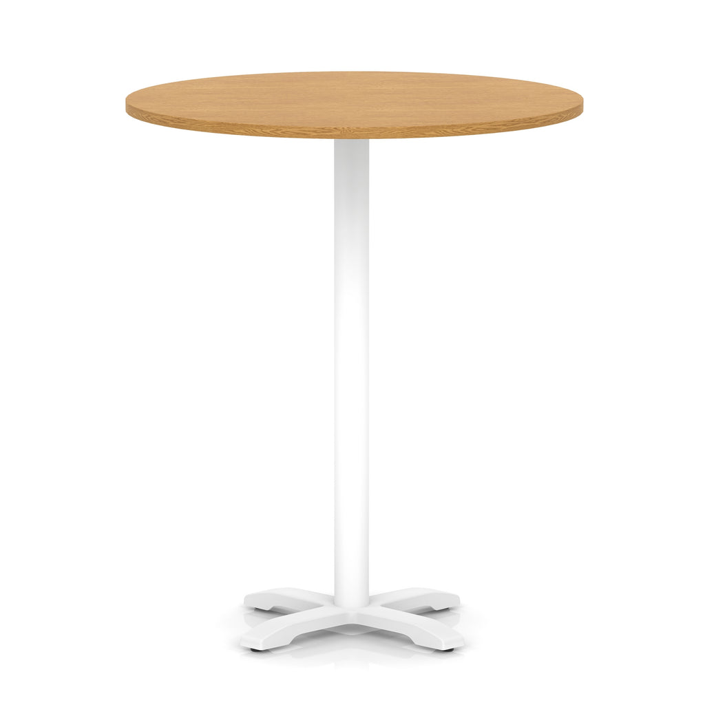 Round high table with wood-effect top and white base on a white background
