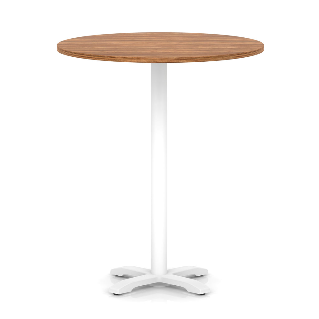 Round high table with wood-effect top and white base on a white background
