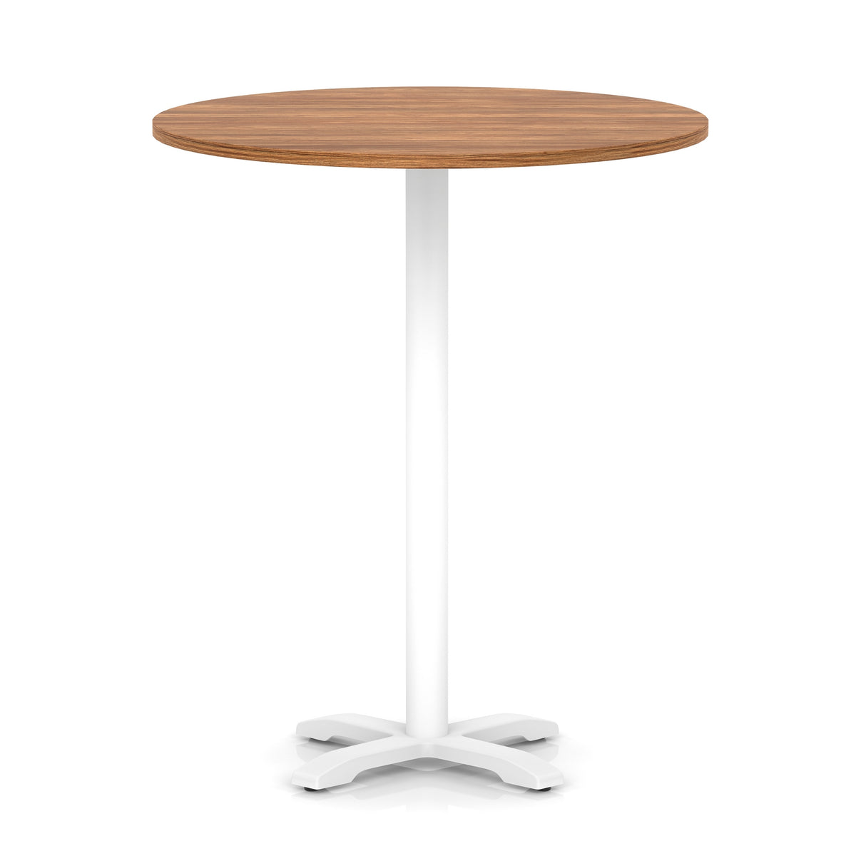 Round high table with wood-effect top and white base on a white background