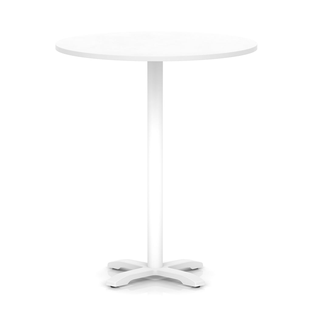 White round high table with metal base on a white background