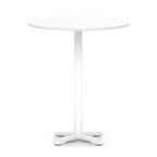 White round high table with metal base on a white background