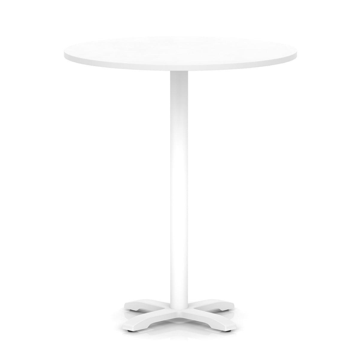 White round high table with metal base on a white background