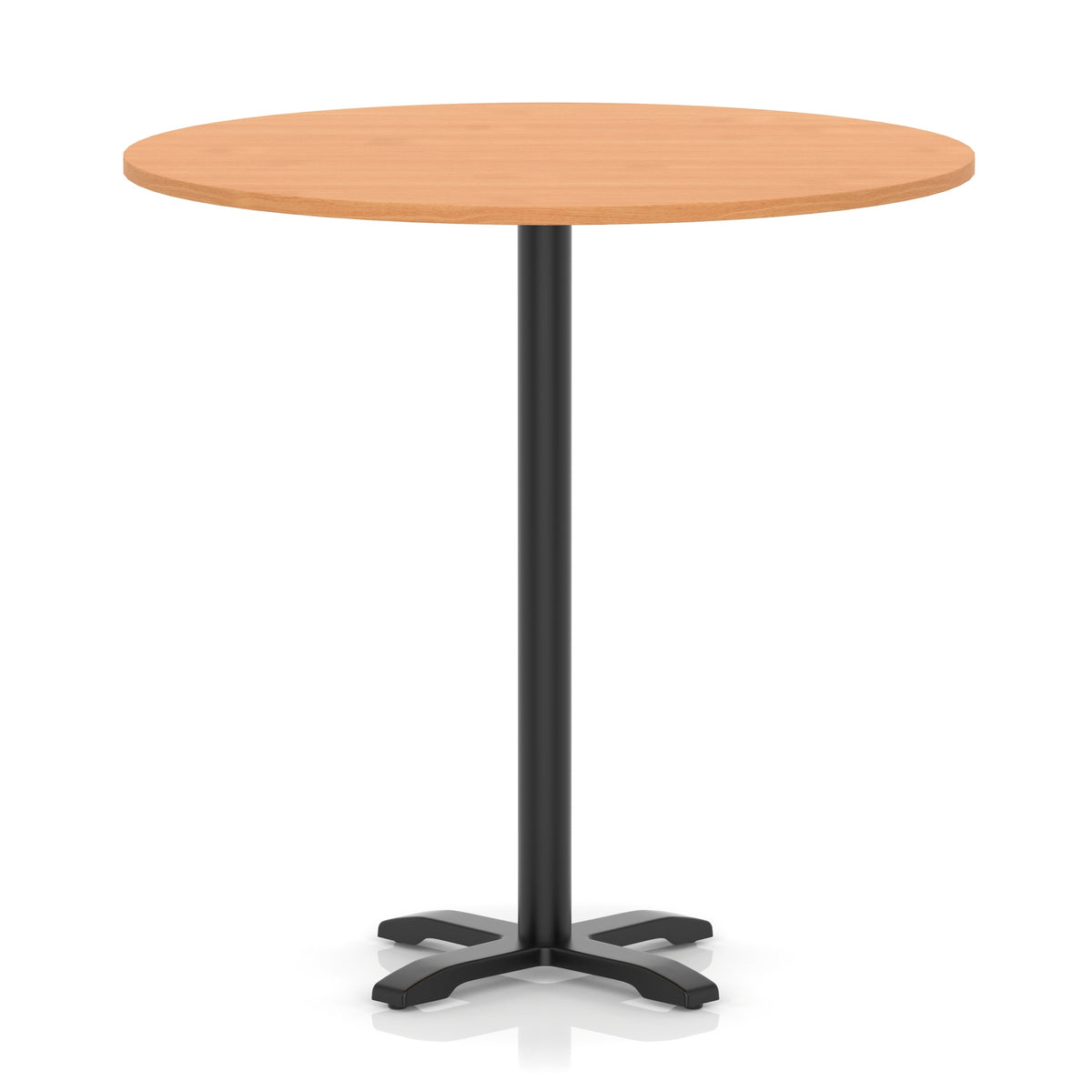 Round high table with a grey wood-effect top and black base on a white background