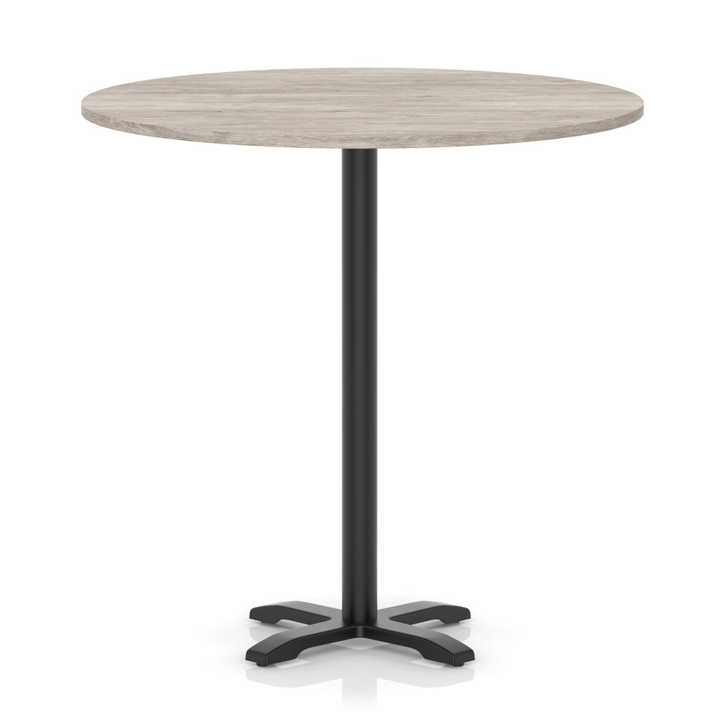 Round high table with a grey wood-effect top and black base on a white background