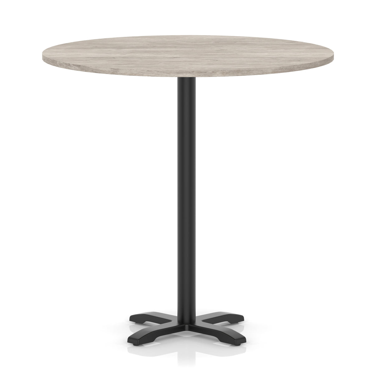 Round high table with a grey wood-effect top and black base on a white background