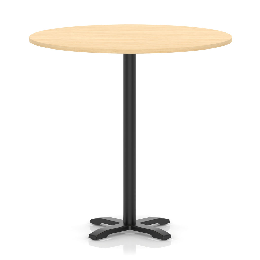 Round high table with a wood-effect top and black base on a white background