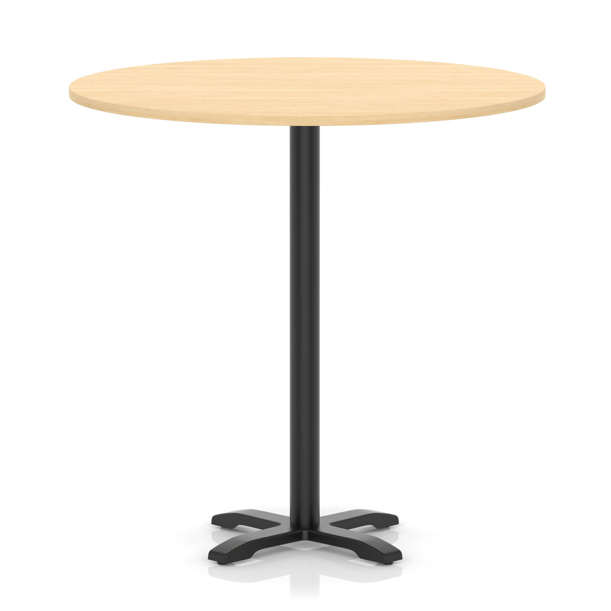 Round high table with a wood-effect top and black base on a white background