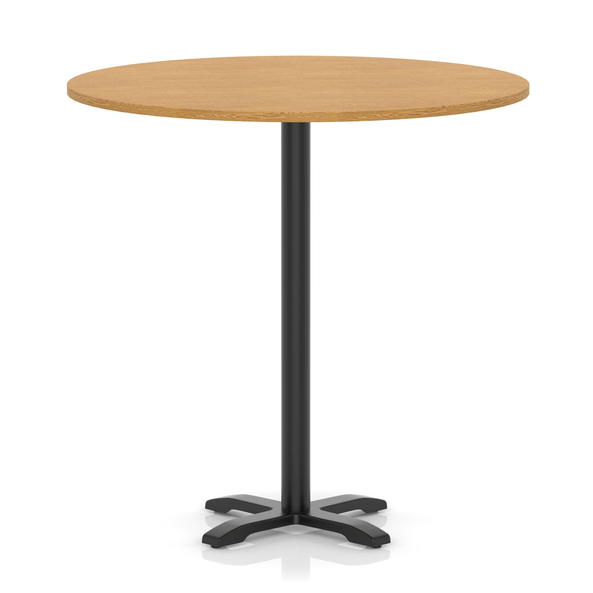 Round high table with a wood-effect top and black base on a white background