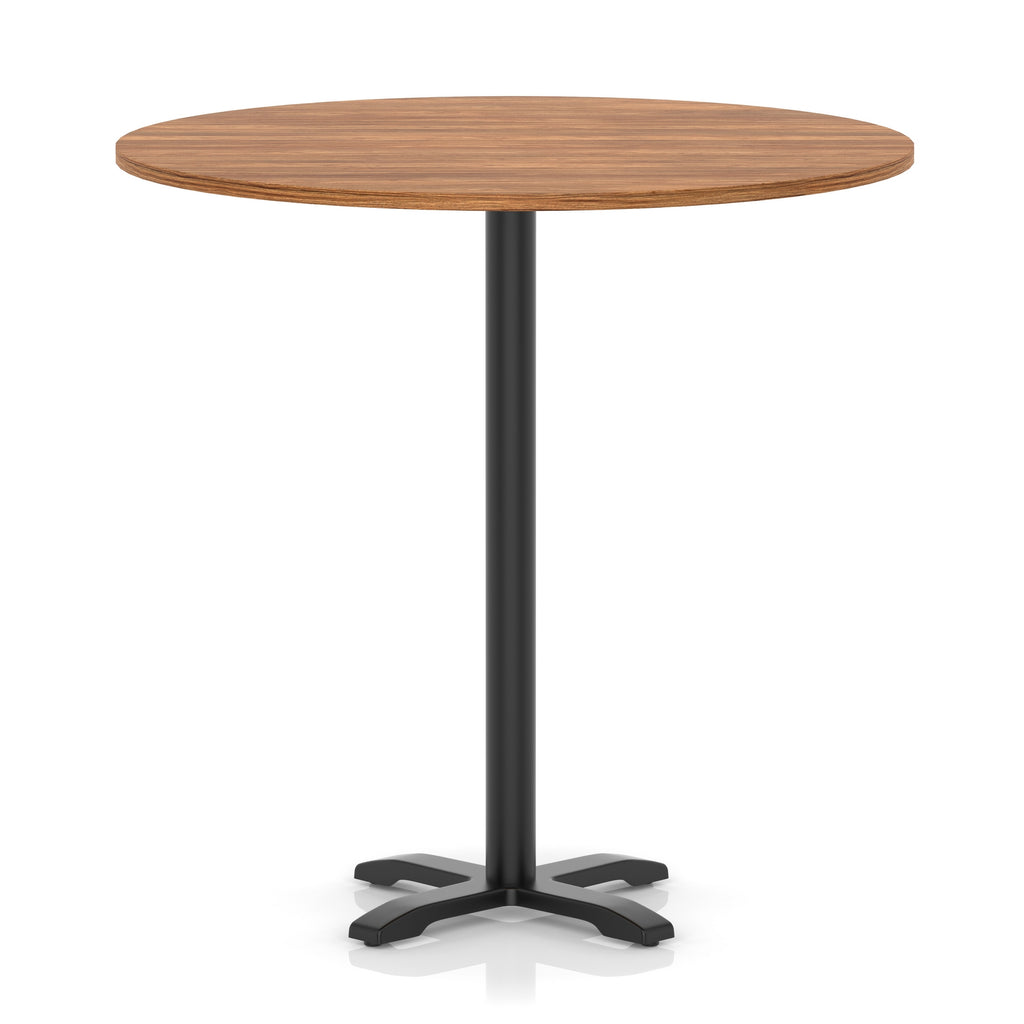 Round high table with a wood-effect top and black base on a white background