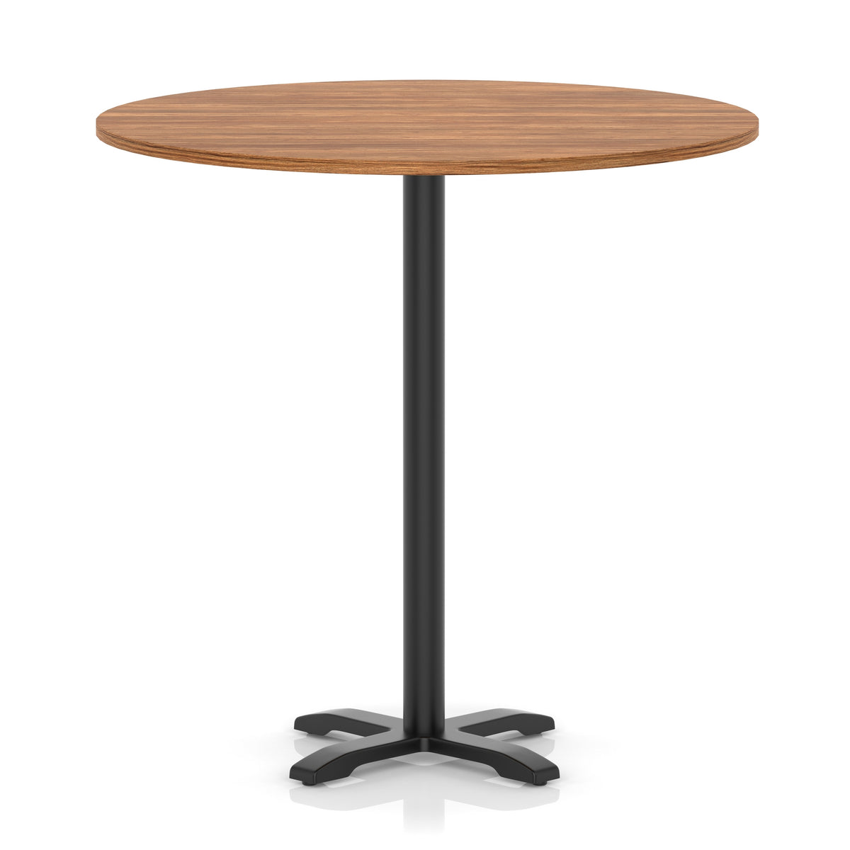 Round high table with a wood-effect top and black base on a white background