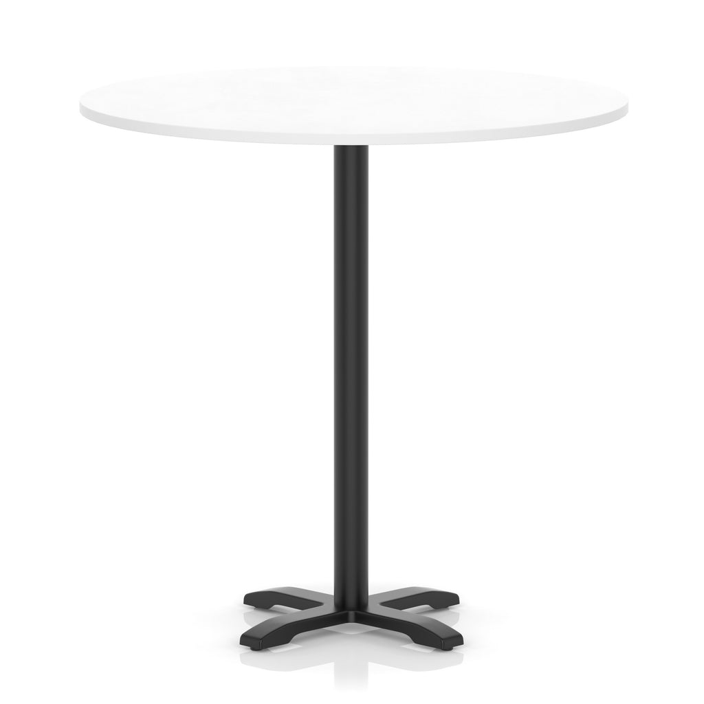 Round table with a white top and black base on a white background