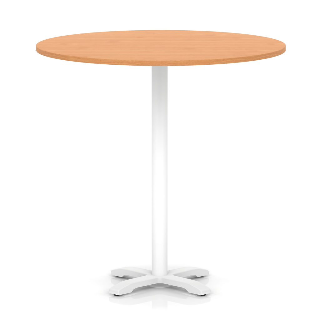 Round high table with grey wood-effect top and white base on a white background