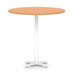 Round high table with grey wood-effect top and white base on a white background