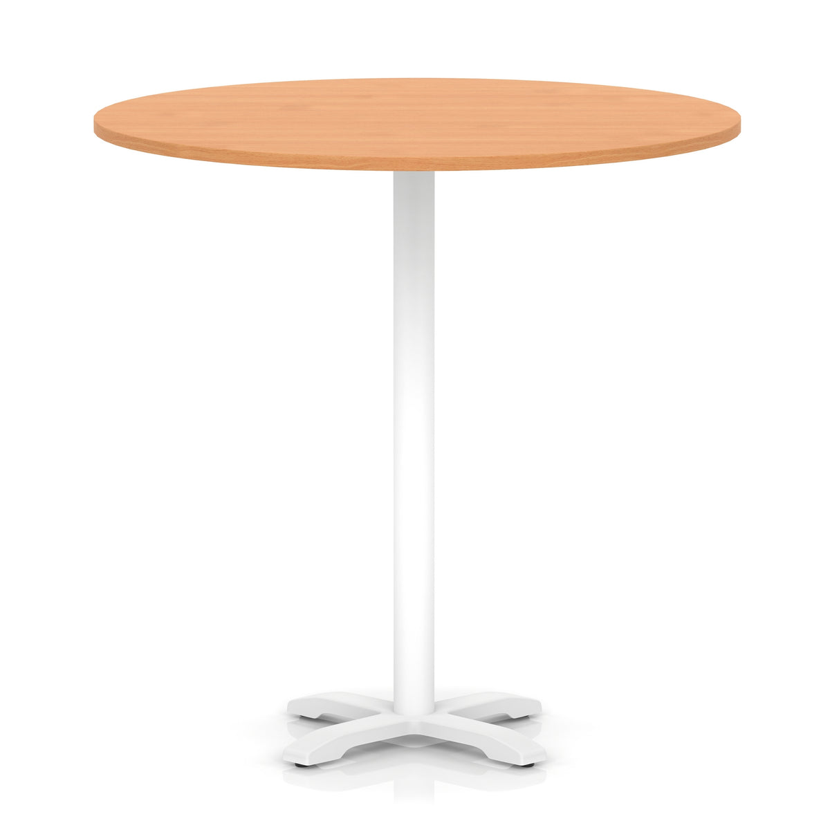 Round high table with grey wood-effect top and white base on a white background